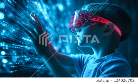 A kid boy interacts with a neural network display. The concept of early learning, future technology, and the curiosity-driven exploration of AI. Generative AI. A kid boy interacts with a neural network display. The concept of early learning, future technology, and the curiosity-driven exploration of AI. Generative AI. 124026702