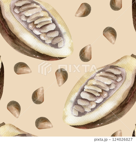 Cocoa beans watercolor seamless pattern with brown cocoa pod and dried beans on beige. Floral background with tropical fruit, chocolate and coffee ingredient for textile, home fabric,packing design 124026827