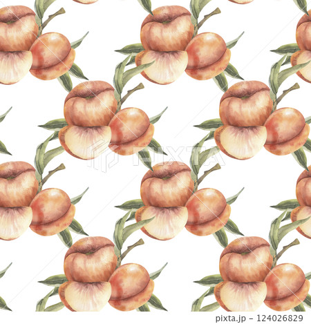 Peaches fruit and pieces decorated by green leaves watercolor seamless pattern. Orange tropical fruit background with apricot, hand drawn botanical clipart for home textile, utensils,fabric design Peaches fruit and pieces decorated by green leaves watercolor seamless pattern. Orange tropical fruit background with apricot, hand drawn botanical clipart for home textile, utensils,fabric design 124026829