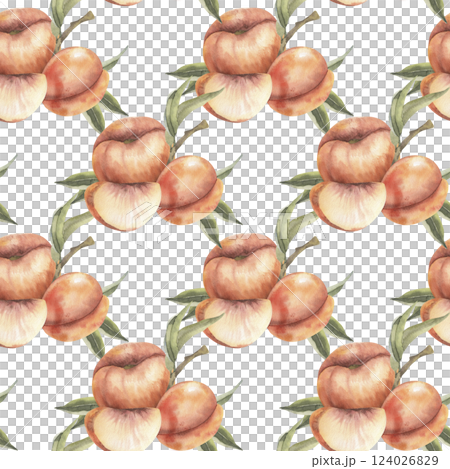 Peaches fruit and pieces decorated by green leaves watercolor seamless pattern. Orange tropical fruit background with apricot, hand drawn botanical clipart for home textile, utensils,fabric design Peaches fruit and pieces decorated by green leaves watercolor seamless pattern. Orange tropical fruit background with apricot, hand drawn botanical clipart for home textile, utensils,fabric design 124026829