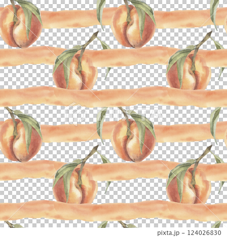 Orange peaches on branches with leaves watercolor seamless pattern with geometric elements. Floral background with stripes and fruits for wallpaper,scrapbooking,packing design Orange peaches on branches with leaves watercolor seamless pattern with geometric elements. Floral background with stripes and fruits for wallpaper,scrapbooking,packing design 124026830