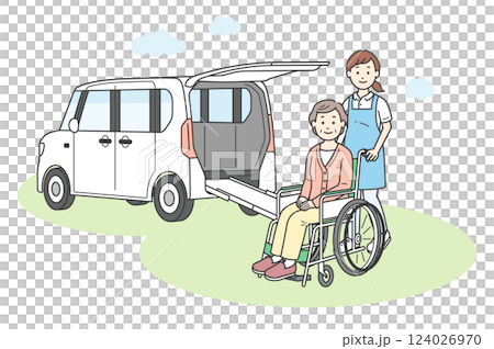 Illustration of an elderly woman, a caregiver, and a welfare vehicle being transported to a nursing facility 124026970