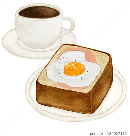 水彩で描いた目玉焼きハムトースト 食パン コーヒー 水彩で描いた目玉焼きハムトースト 食パン コーヒー 124027181