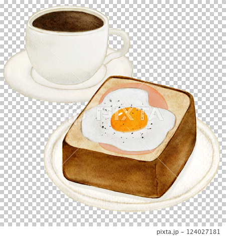 水彩煎蛋、火腿、烤麵包、麵包、咖啡 水彩煎蛋、火腿、烤麵包、麵包、咖啡 124027181