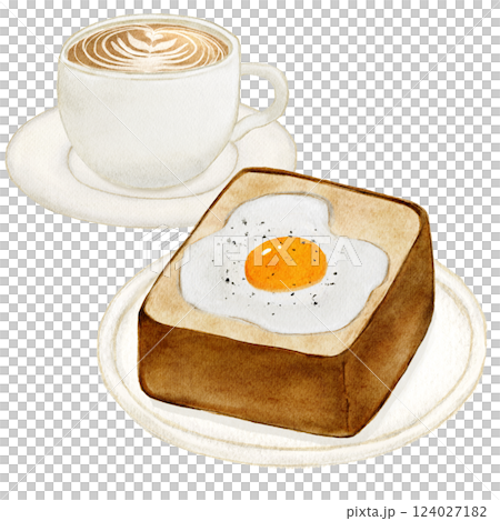 水彩で描いた目玉焼きトースト　食パン　コーヒー 124027182
