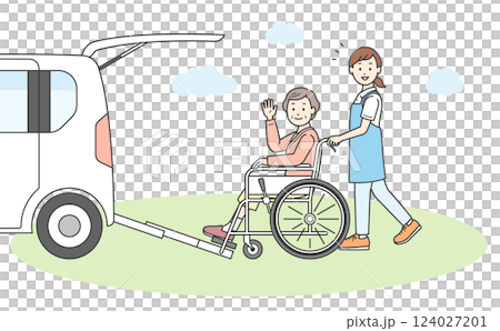 圖：一名老年婦女、一名護理人員和一輛福利車被送往護理機構或從護理機構送出 124027201