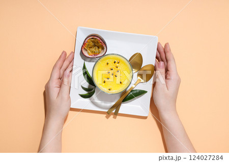 Passion fruit mousse, concept of tasty dessert 124027284