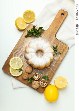 Tasty bake food concept - delicious lemon cake 124027345