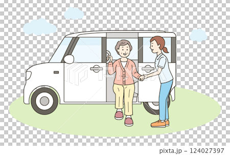 介護施設に送迎される高齢女性と介護士と福祉車両のイラスト 介護施設に送迎される高齢女性と介護士と福祉車両のイラスト 124027397