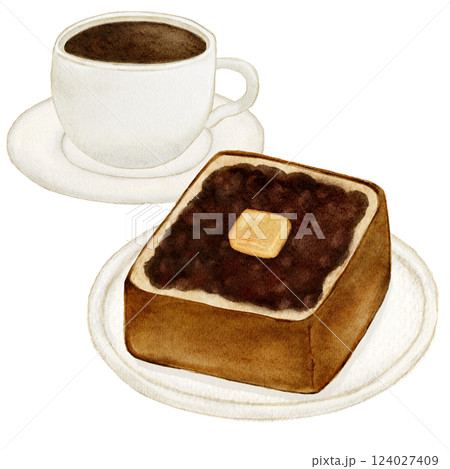 水彩で描いたあんバタートースト　食パン　コーヒー 124027409