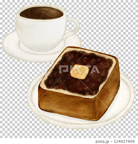 豆沙奶油吐司、麵包、咖啡的水彩畫 124027409