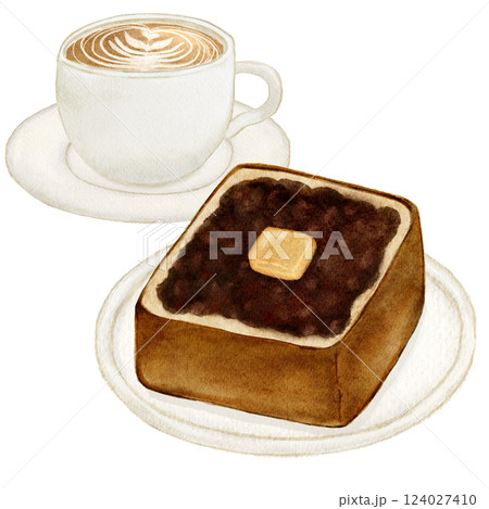水彩で描いたあんバタートースト　食パン　コーヒー 124027410