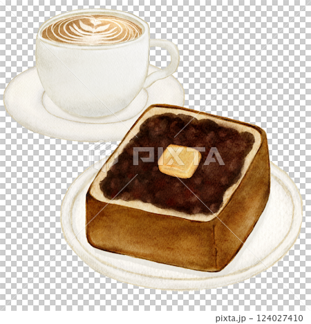 Watercolor painting of bean paste butter toast, bread, coffee 124027410
