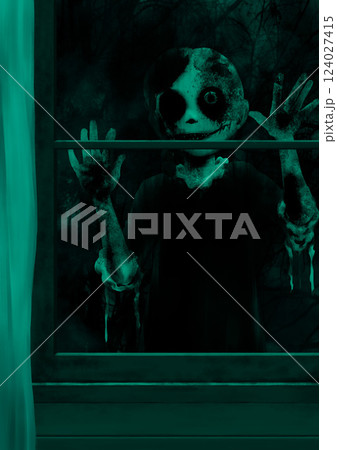 窓の外から覗く子供の女の子の幽霊緑 窓の外から覗く子供の女の子の幽霊緑 124027415