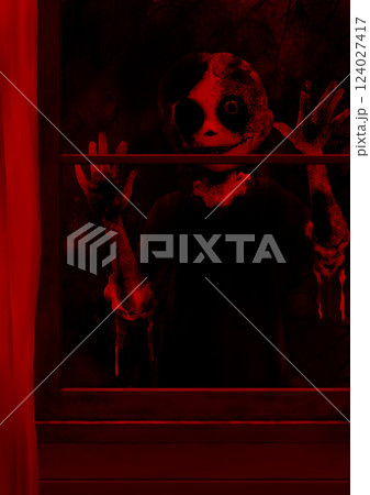 窓の外から覗く子供の女の子の幽霊赤 窓の外から覗く子供の女の子の幽霊赤 124027417