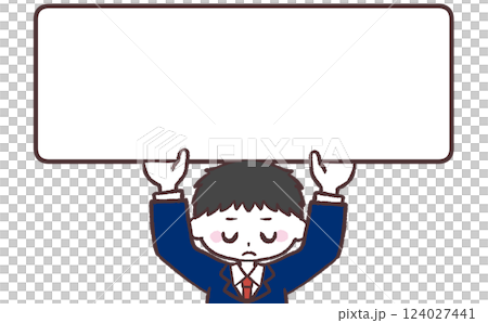 Illustration of a male student holding up a sign apologetically Illustration of a male student holding up a sign apologetically 124027441