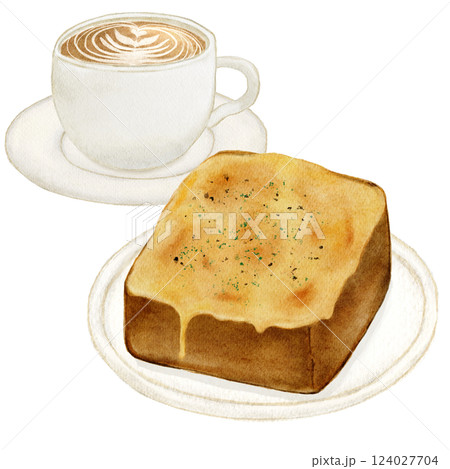 水彩で描いた食パン チーズトースト コーヒー 水彩で描いた食パン チーズトースト コーヒー 124027704