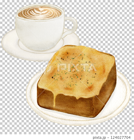 水彩で描いた食パン チーズトースト コーヒー 水彩で描いた食パン チーズトースト コーヒー 124027704