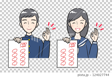 A set of male and female students showing a test they got 100 points on with a smile A set of male and female students showing a test they got 100 points on with a smile 124027744