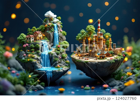 Fantastic island with refineries, oil pumps and houses with lights. 124027760