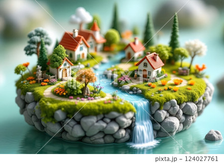 Miniature world of real estate on the island with trees and waterfall. 124027761