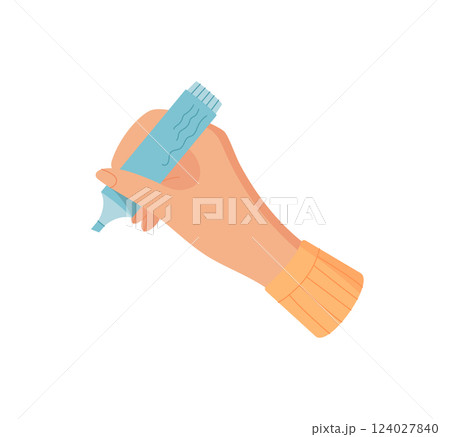 Hand holding highlighter. Female character with pen makes a gesture. Cartoon graphic element, suitable for educational materials, stationery design, or creative projects. 124027840