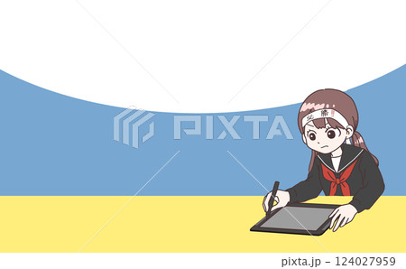 タブレット学習を必勝ハチマキして頑張る女子学生イラスト タブレット学習を必勝ハチマキして頑張る女子学生イラスト 124027959