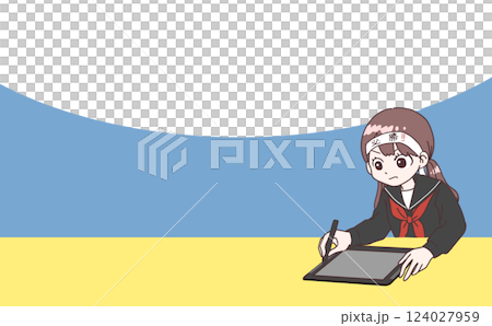 タブレット学習を必勝ハチマキして頑張る女子学生イラスト タブレット学習を必勝ハチマキして頑張る女子学生イラスト 124027959