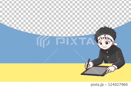 タブレット学習をする必勝ハチマキ男子学生イラスト タブレット学習をする必勝ハチマキ男子学生イラスト 124027960