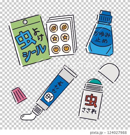 Portable insect repellent and insect bite prevention medicine, insect repellent, insect bite medicine, anti-itch medicine / Vector hand-drawn line drawing illustration 124027988