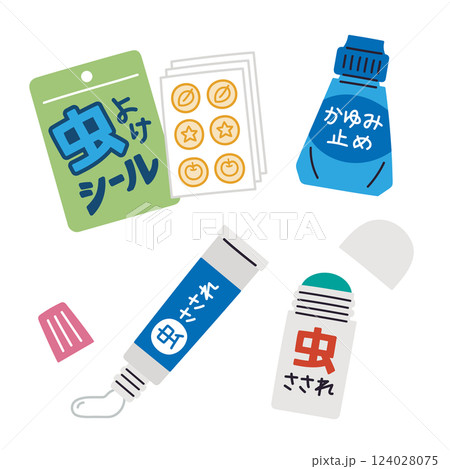 携帯できる防虫・虫刺され対策薬、虫よけ・虫刺され薬・かゆみ止め／ベクター手書きイラスト 124028075