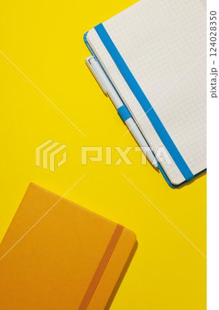 Two notebooks lie on a yellow background 124028350
