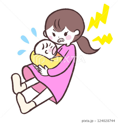 泣いている赤ちゃんを抱っこしてイライラするするママのイラスト 泣いている赤ちゃんを抱っこしてイライラするするママのイラスト 124028744