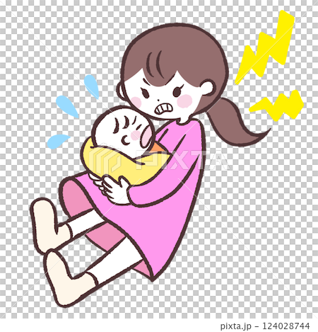 一位母親抱著哭鬧的嬰兒而感到惱火的插圖 124028744