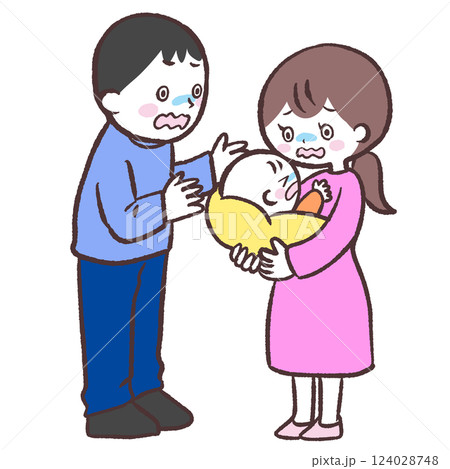 赤ちゃんを抱っこして困っている若い夫婦のイラスト 赤ちゃんを抱っこして困っている若い夫婦のイラスト 124028748