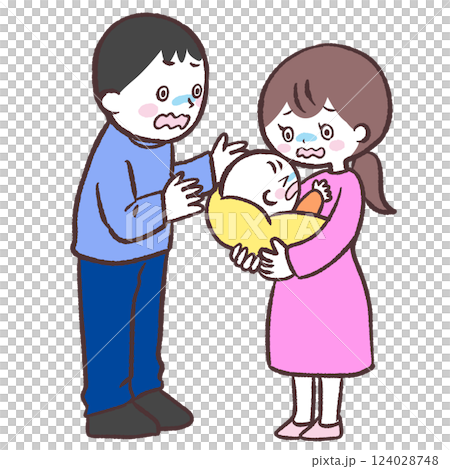 赤ちゃんを抱っこして困っている若い夫婦のイラスト 赤ちゃんを抱っこして困っている若い夫婦のイラスト 124028748