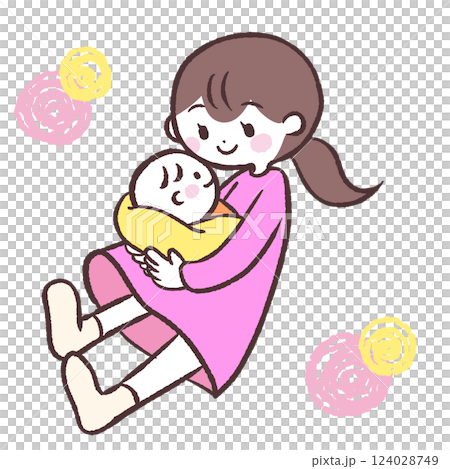 赤ちゃんを抱っこして見つめるママのイラスト 124028749