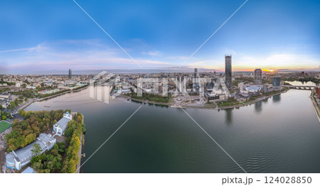 Yekaterinburg city and pond aerial panoramic view at summer or early autumn sunset. Night city in the early autumn or summer. 124028850