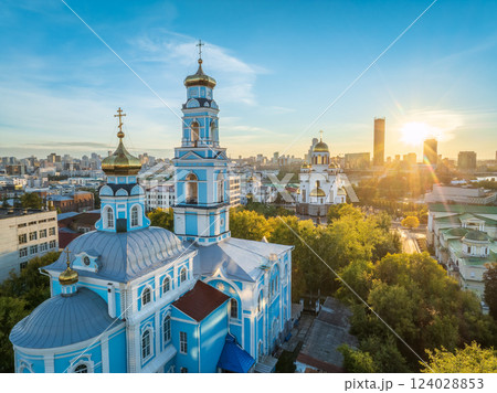 Summer Yekaterinburg, Temple of the Ascension and Temple on Blood in beautiful clear sunset. 124028853