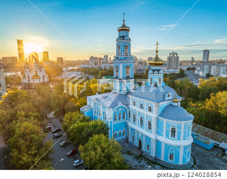 Summer Yekaterinburg, Temple of the Ascension and Temple on Blood in beautiful clear sunset. 124028854