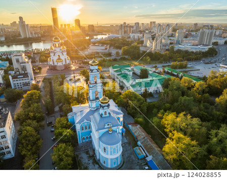 Summer Yekaterinburg, Temple of the Ascension and Temple on Blood in beautiful clear sunset. 124028855