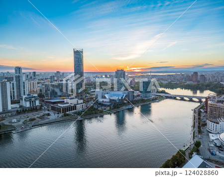 Yekaterinburg city and pond aerial panoramic view at summer or early autumn sunset. Night city in the early autumn or summer. 124028860
