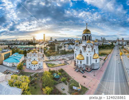 Autumn Yekaterinburg and Temple on Blood in beautiful clear sunset. Aerial view of Yekaterinburg, Russia. Translation of the text on the temple: Honest to the Lord is the death of His saints. 124028861