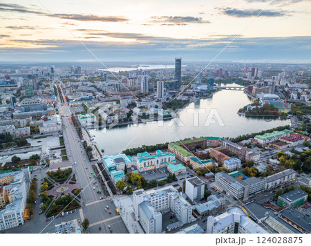 Yekaterinburg city and pond aerial panoramic view at summer sunset. View from Vysotsky skyscraper 124028875