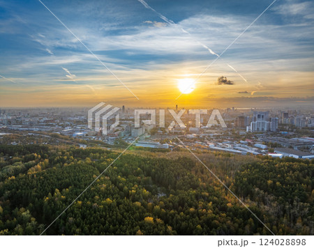 Aerial drone view of stunning colorful autumn fall forest. Aerial drone view of stunning colorful autumn fall forest. 124028898