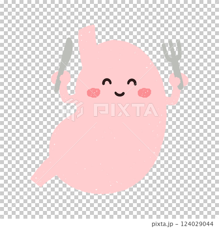 フォークとスプーンを持つ胃のキャラクター フォークとスプーンを持つ胃のキャラクター 124029044