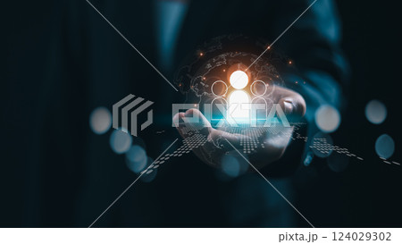 Human Resources, HR, HRM, HRD leading organization in recruitment and prospecting, Manager show manager icon and employee for leadership services, Building a strong team, Concept of choose job staff. 124029302