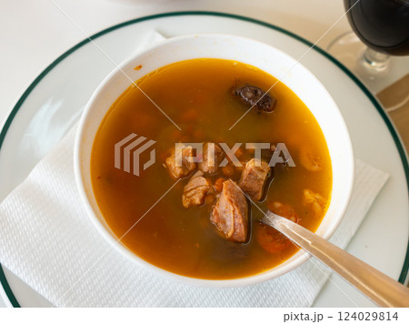 Stewed lentils with sausages, spanish Riojan lentils 124029814