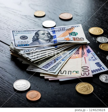 coins and banknotes on the table coins and banknotes on the table 124029828