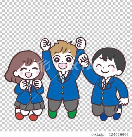 三個穿著制服的學生跳躍的插圖 三個穿著制服的學生跳躍的插圖 124029965
